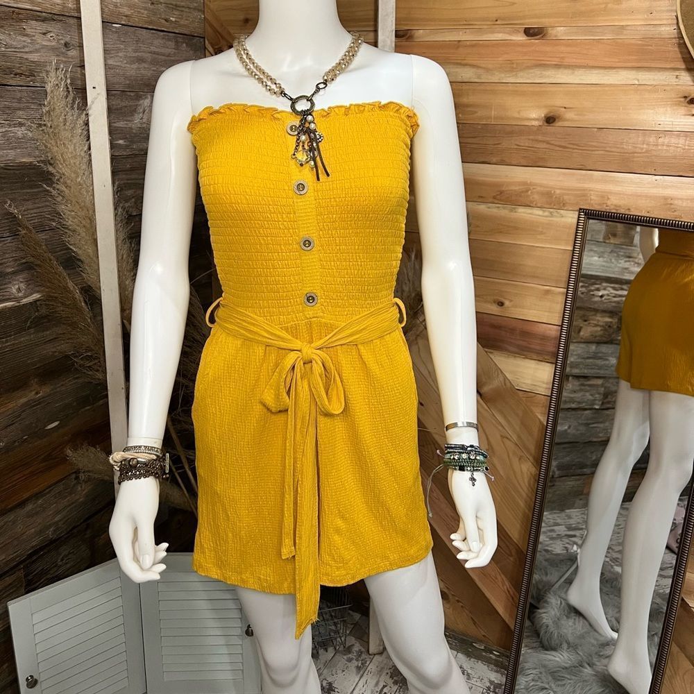 Sophie & Kate Strapless Smocked Top Crepe Romper Pockets Tie Belt Large 💗